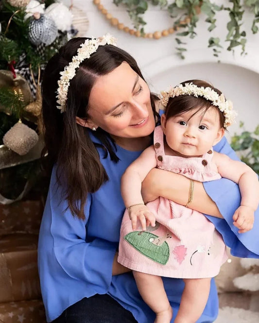 Anne Kız Beyaz Çiçekli Taç